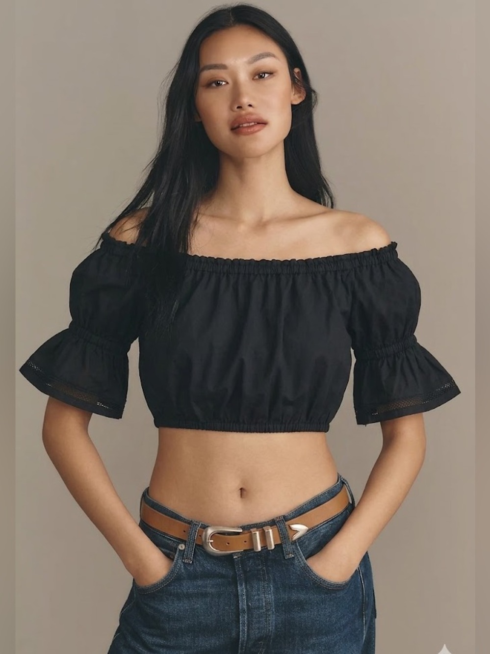 Tory Burch Black Off-Shoulder Embroidered Peasant Crop Top